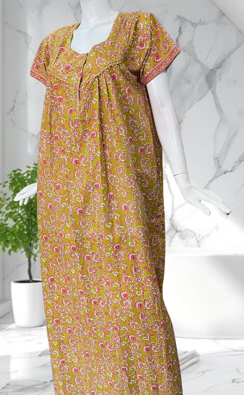 Yellow Garden Pure Cotton Nighty. Pure Durable Cotton | Laces and Frills