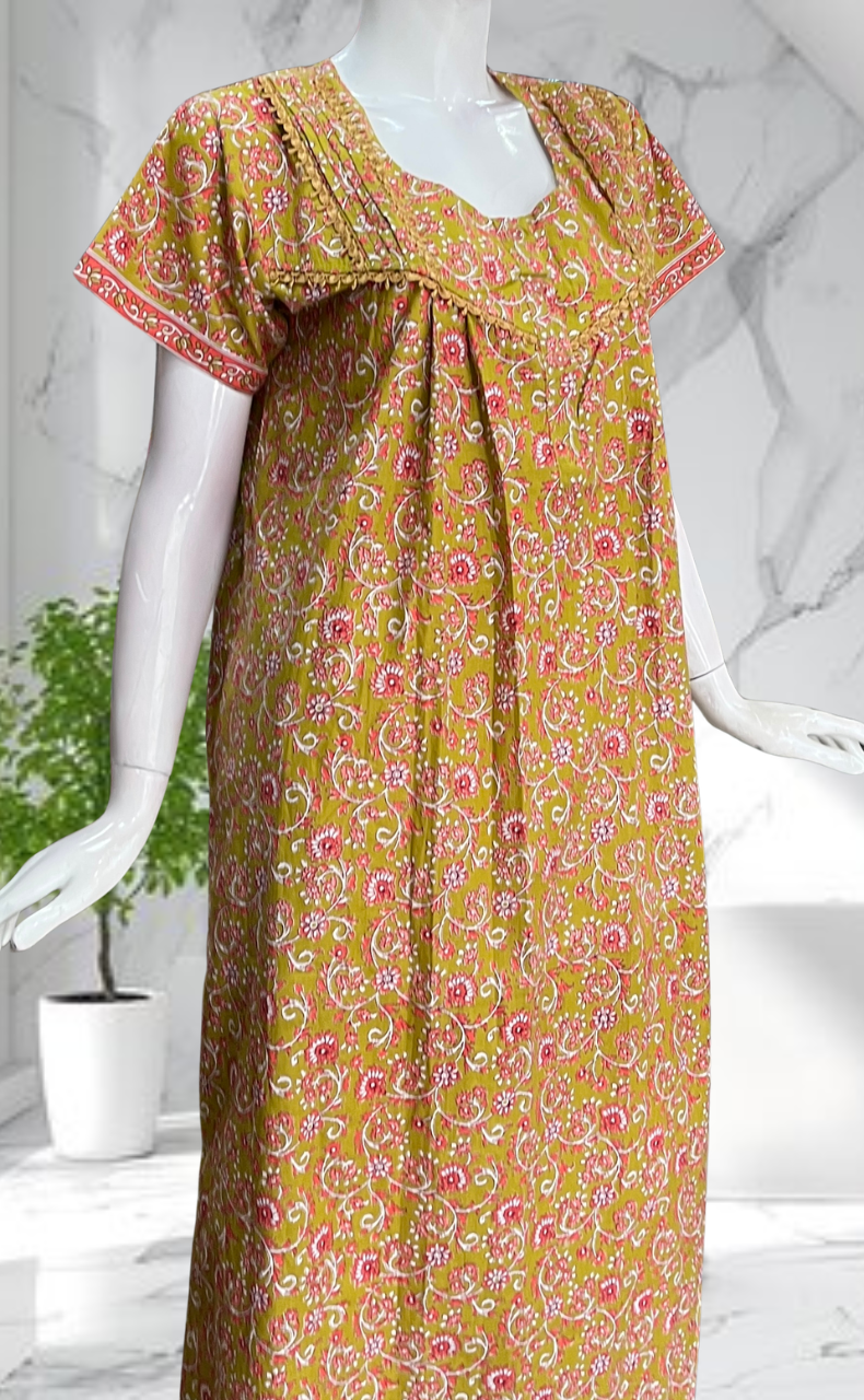 Yellow Garden Pure Cotton Nighty. Pure Durable Cotton | Laces and Frills