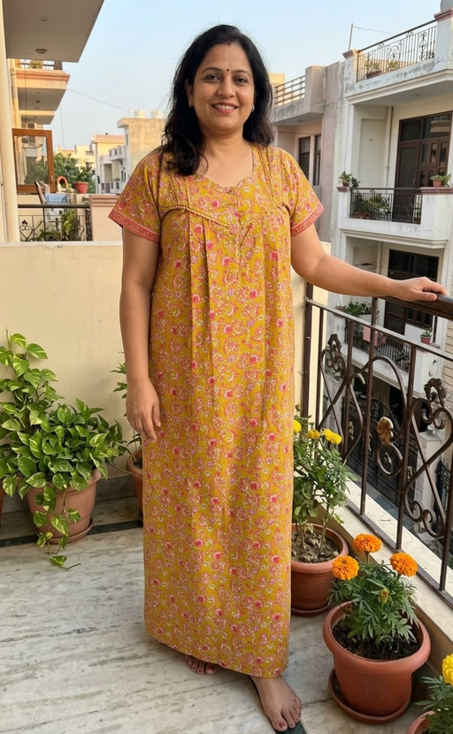 Yellow Garden Pure Cotton Nighty. Pure Durable Cotton | Laces and Frills - Laces and Frills