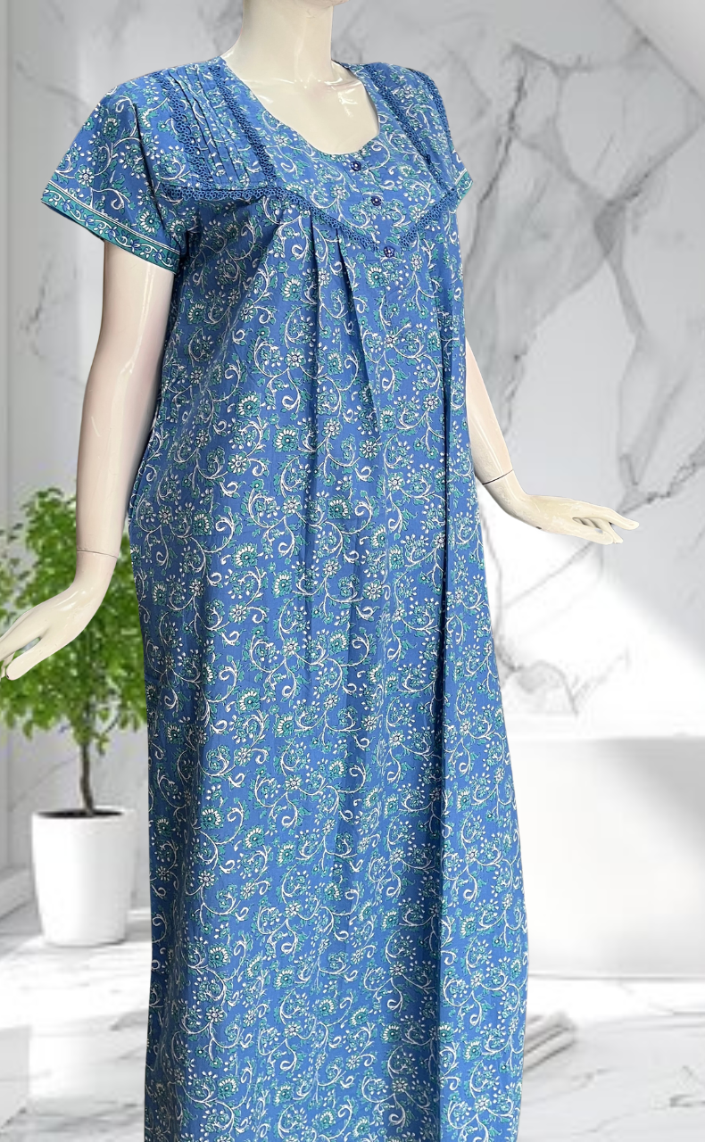 Blue Garden Pure Cotton Nighty. Pure Durable Cotton | Laces and Frills