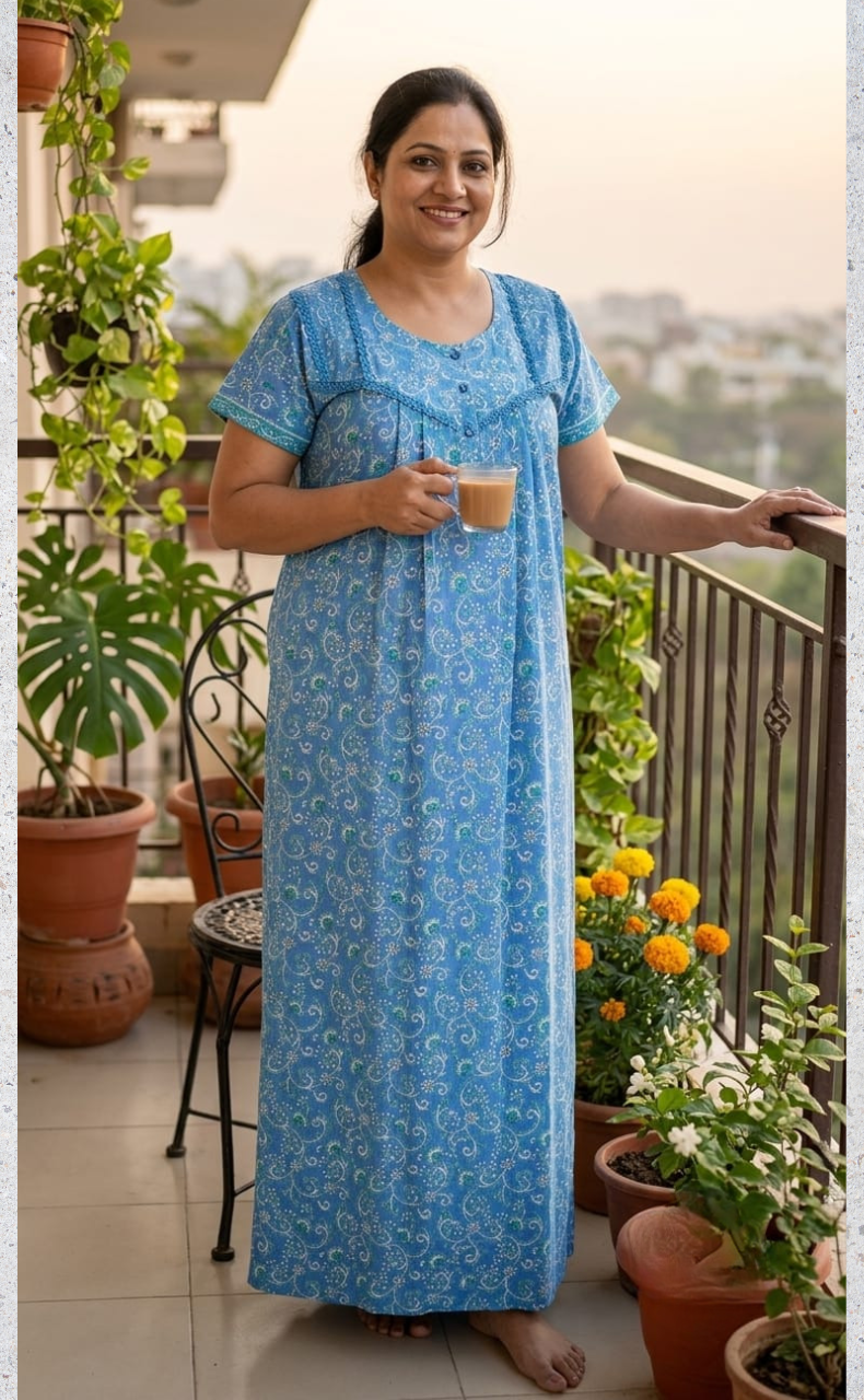 Blue Garden Pure Cotton Nighty. Pure Durable Cotton | Laces and Frills