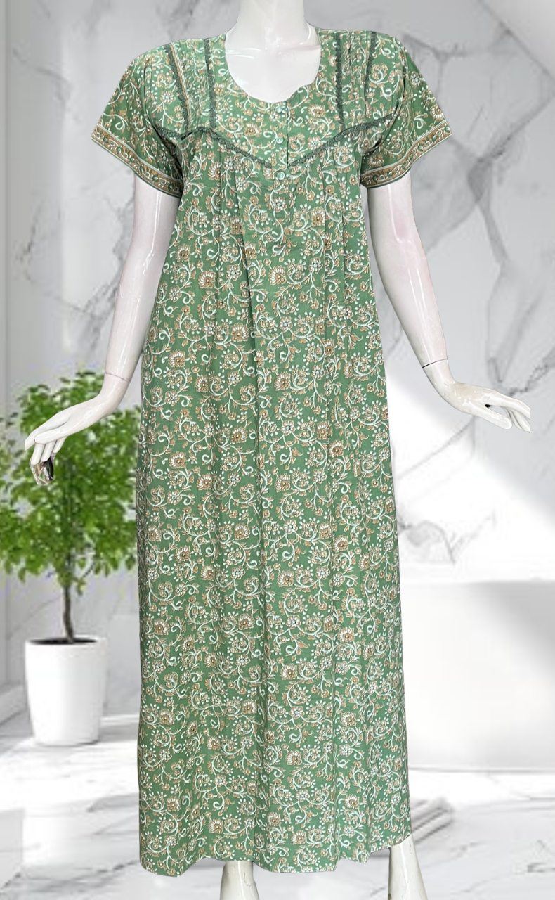 Pista Green Garden Pure Cotton Nighty. Pure Durable Cotton | Laces and Frills