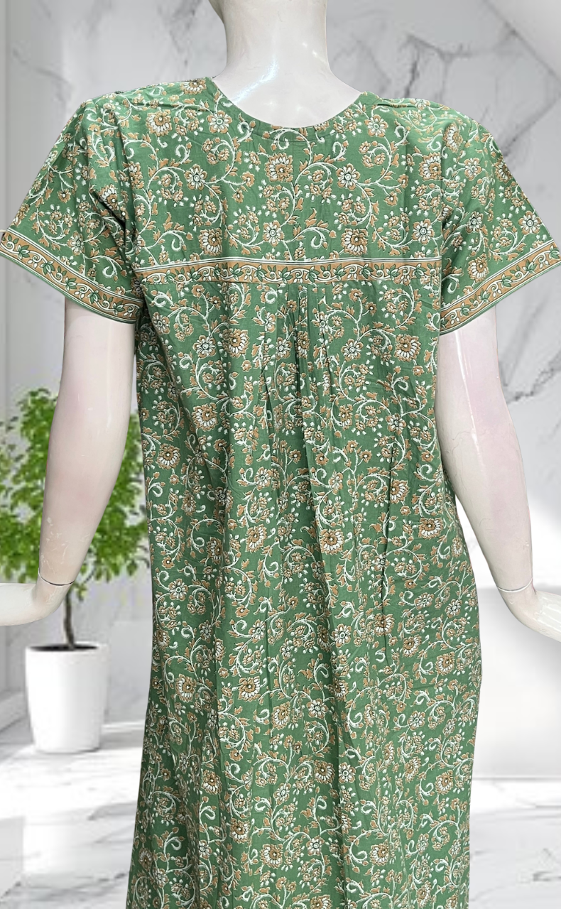 Pista Green Garden Pure Cotton Nighty. Pure Durable Cotton | Laces and Frills