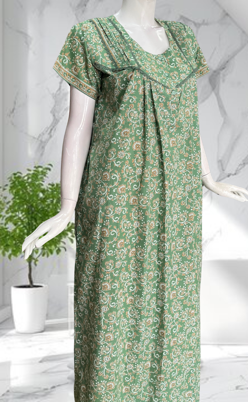 Pista Green Garden Pure Cotton Nighty. Pure Durable Cotton | Laces and Frills