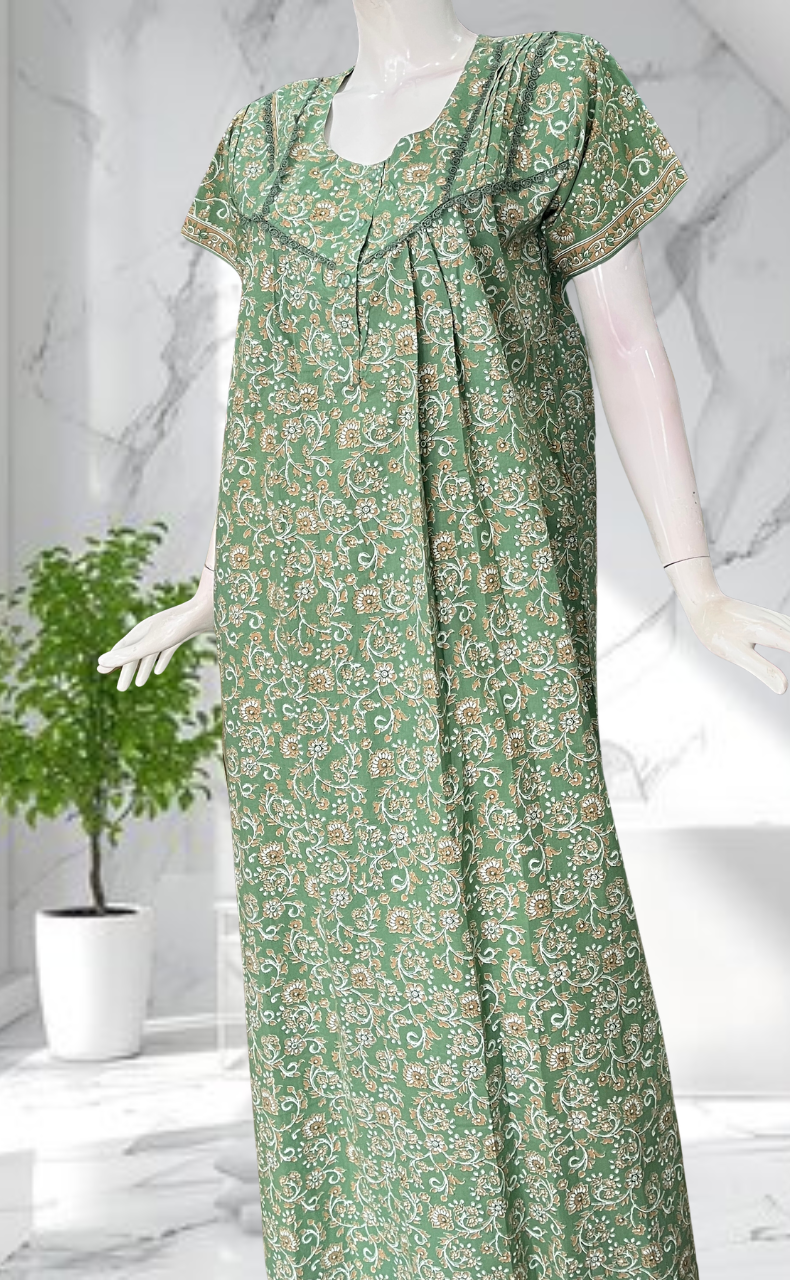 Pista Green Garden Pure Cotton Nighty. Pure Durable Cotton | Laces and Frills