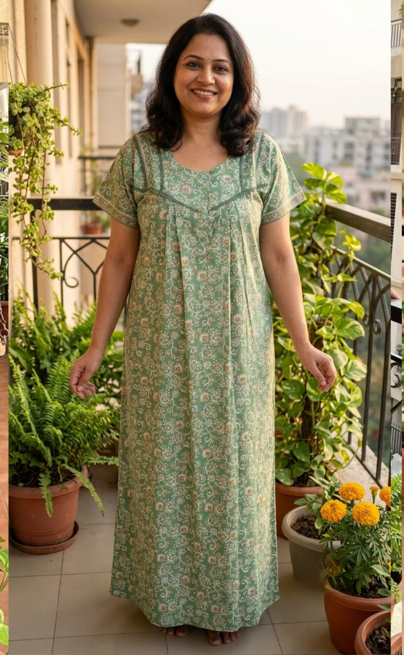 Pista Green Garden Pure Cotton Nighty. Pure Durable Cotton | Laces and Frills
