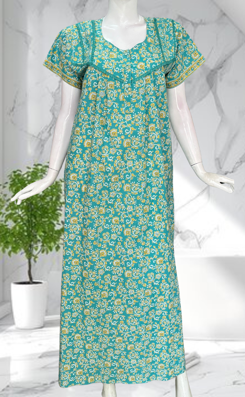 Sea Green Garden Pure Cotton Nighty. Pure Durable Cotton | Laces and Frills