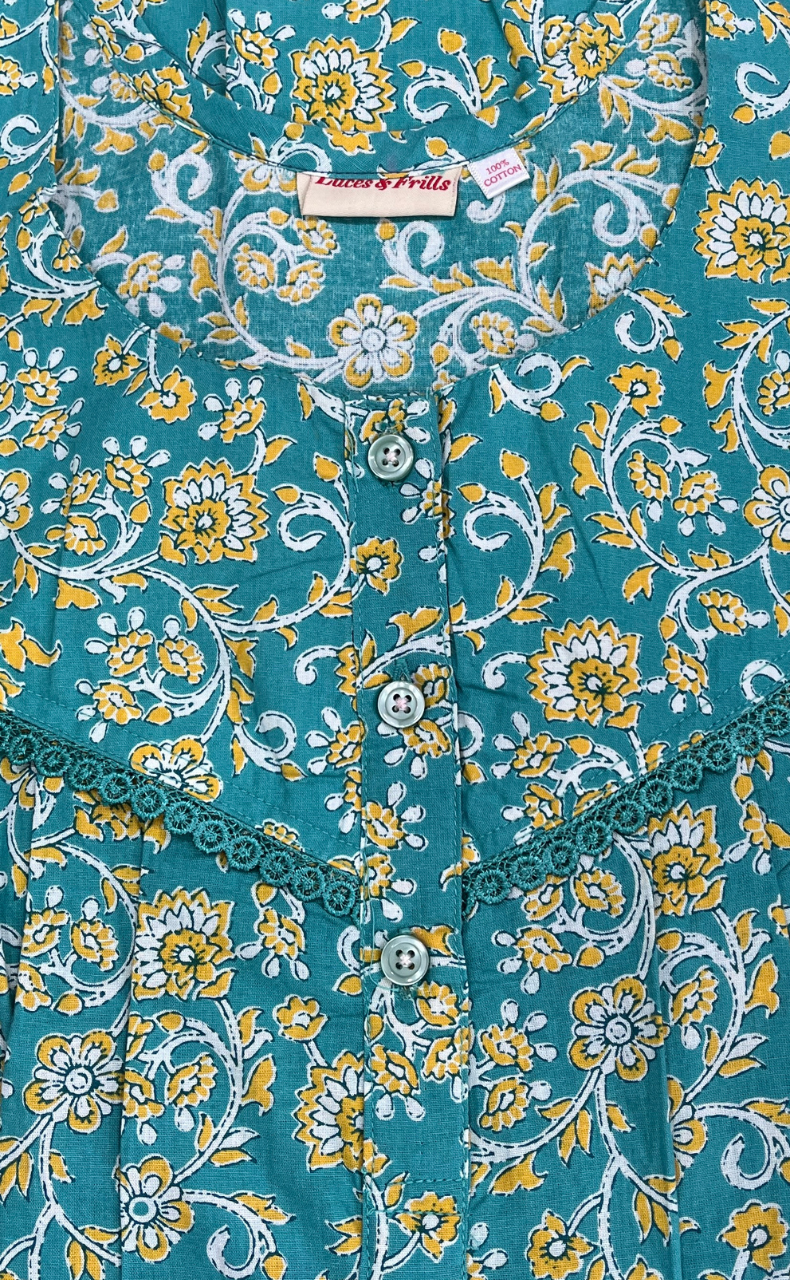 Sea Green Garden Pure Cotton Nighty. Pure Durable Cotton | Laces and Frills
