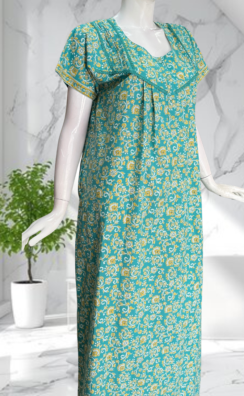 Sea Green Garden Pure Cotton Nighty. Pure Durable Cotton | Laces and Frills