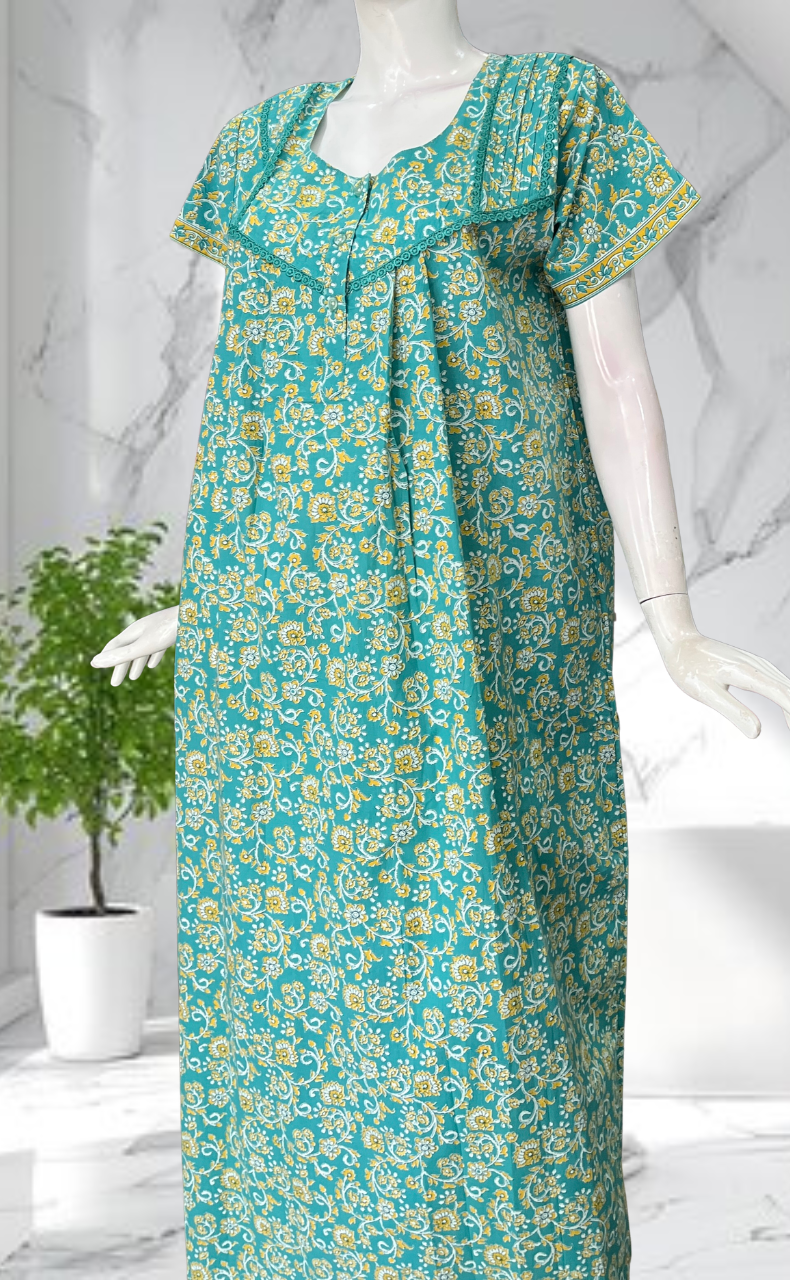 Sea Green Garden Pure Cotton Nighty. Pure Durable Cotton | Laces and Frills