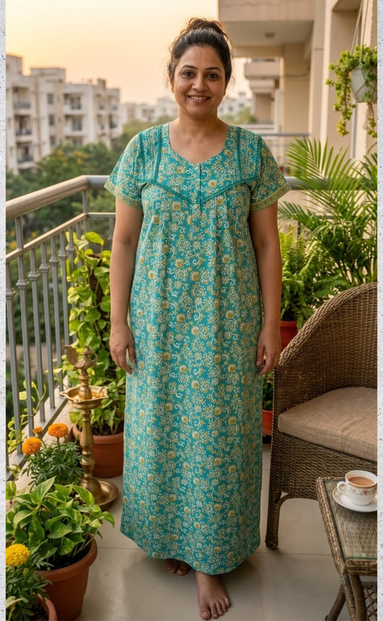 Sea Green Garden Pure Cotton Nighty. Pure Durable Cotton | Laces and Frills