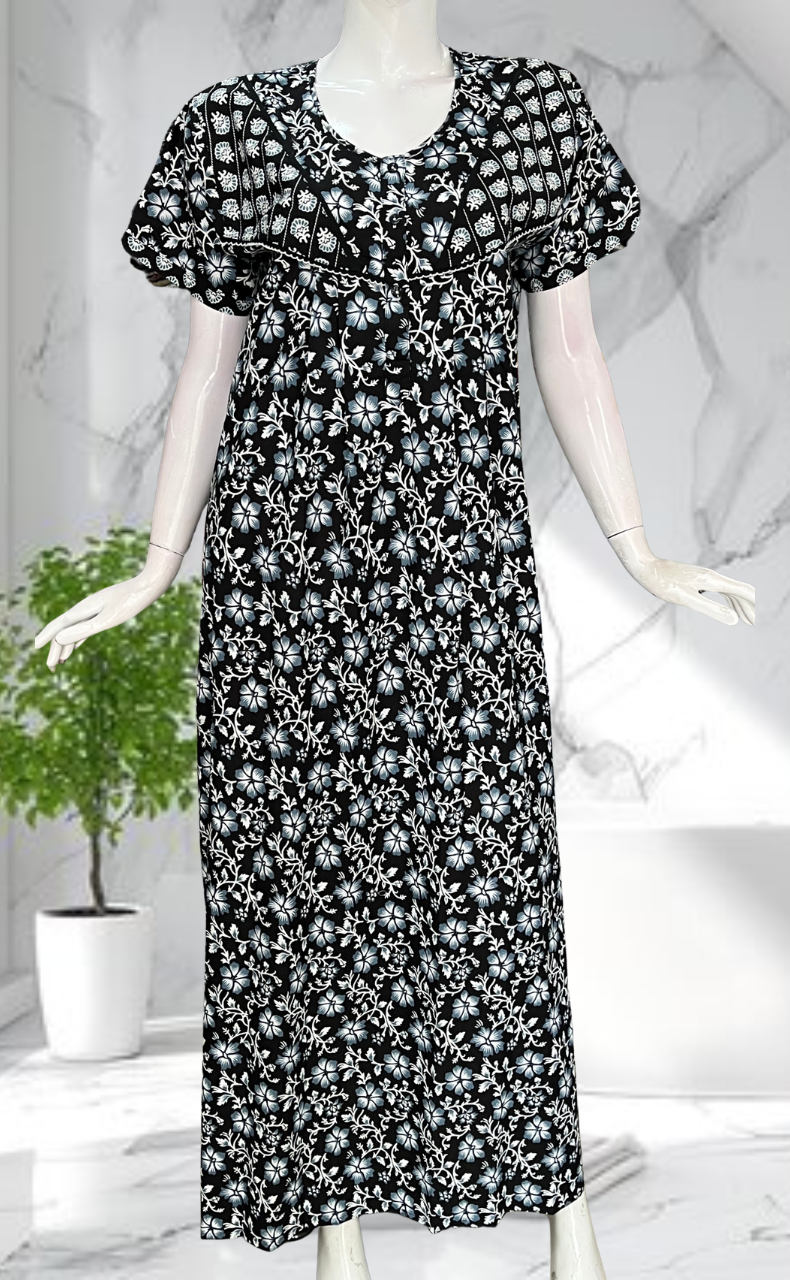 Black Floral Pure Cotton Nighty. Pure Durable Cotton | Laces and Frills