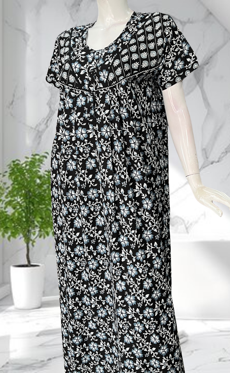 Black Floral Pure Cotton Nighty. Pure Durable Cotton | Laces and Frills