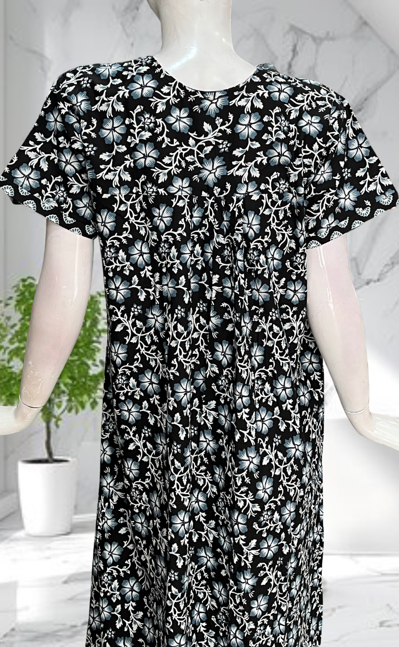 Black Floral Pure Cotton Nighty. Pure Durable Cotton | Laces and Frills