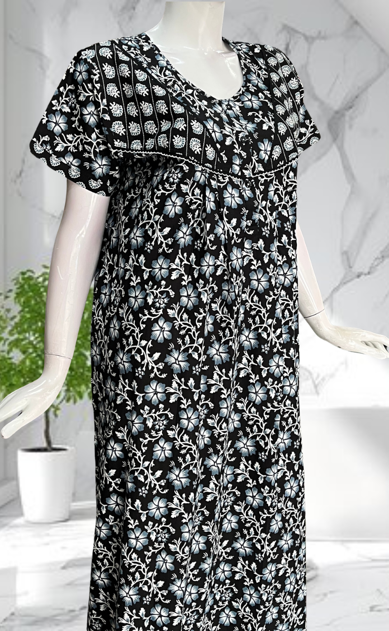Black Floral Pure Cotton Nighty. Pure Durable Cotton | Laces and Frills