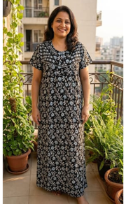 Black Floral Pure Cotton Nighty. Pure Durable Cotton | Laces and Frills - Laces and Frills