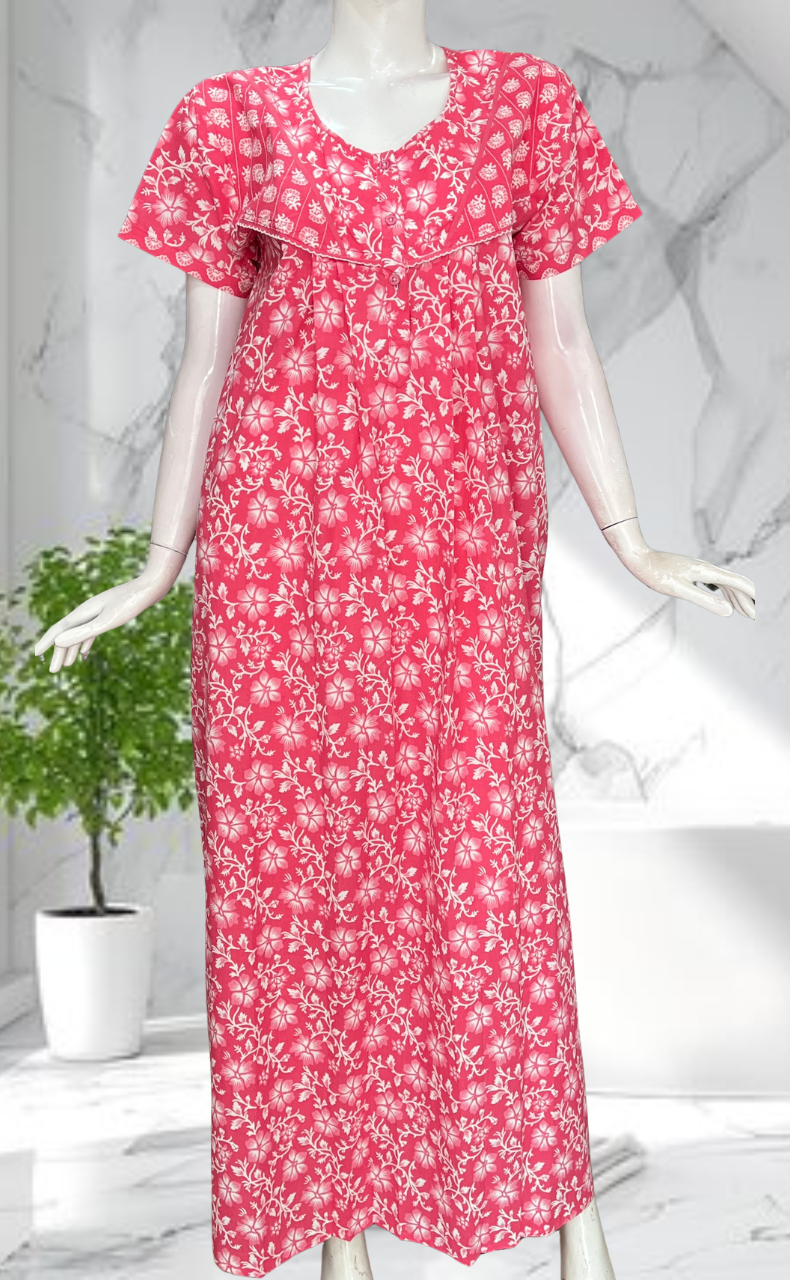 Pink Floral Pure Cotton Nighty. Pure Durable Cotton | Laces and Frills
