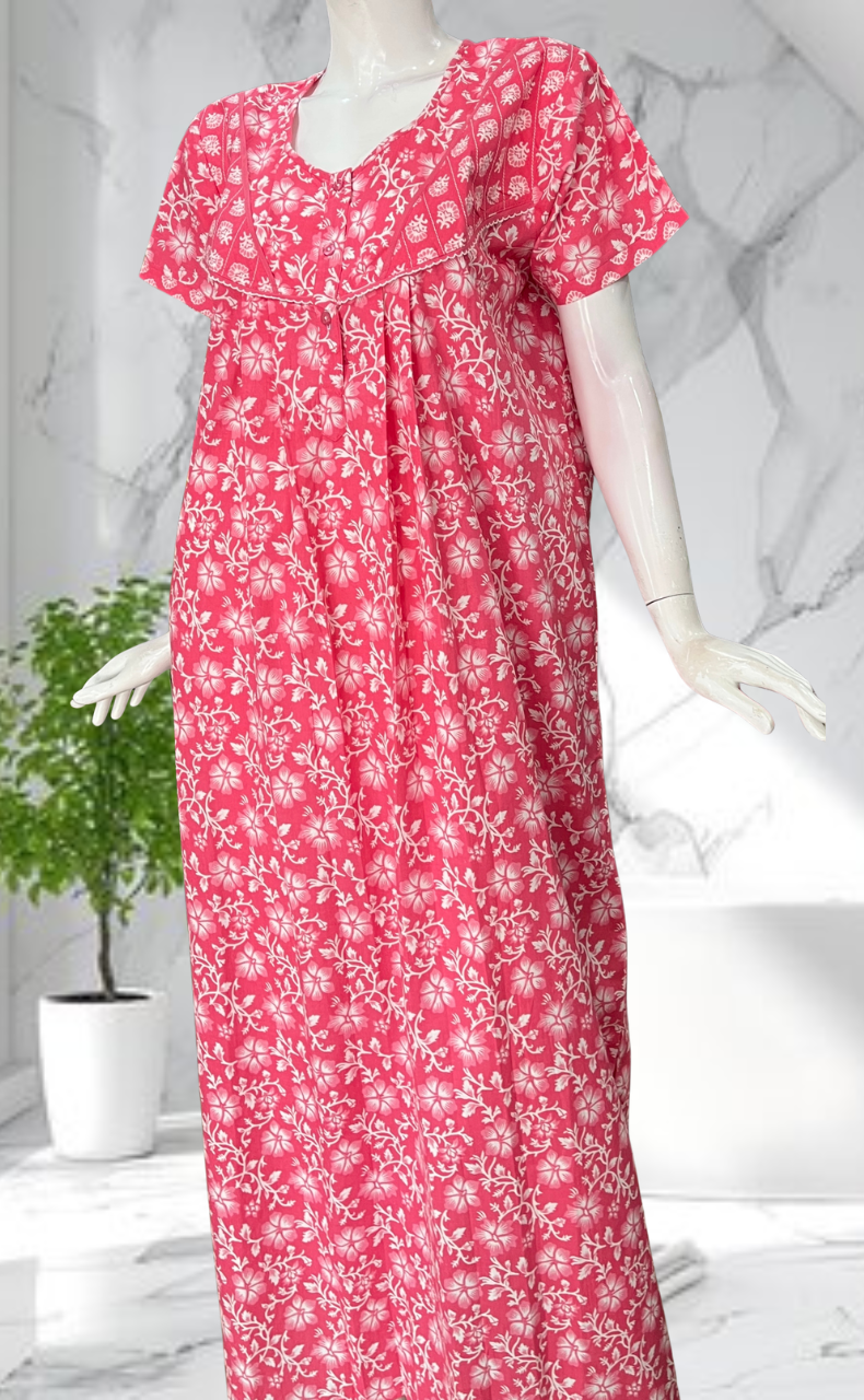 Pink Floral Pure Cotton Nighty. Pure Durable Cotton | Laces and Frills