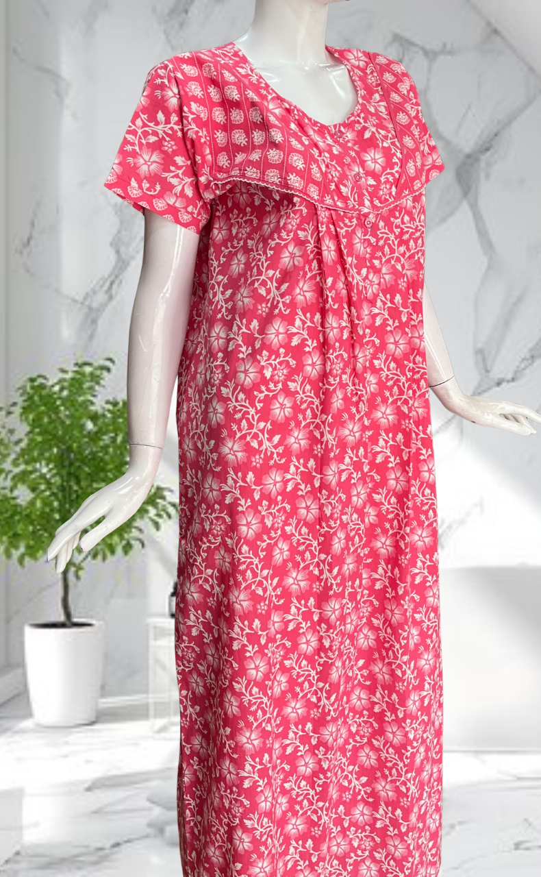 Pink Floral Pure Cotton Nighty. Pure Durable Cotton | Laces and Frills