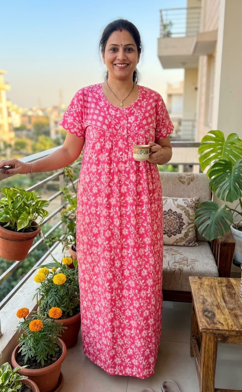 Pink Floral Pure Cotton Nighty. Pure Durable Cotton | Laces and Frills