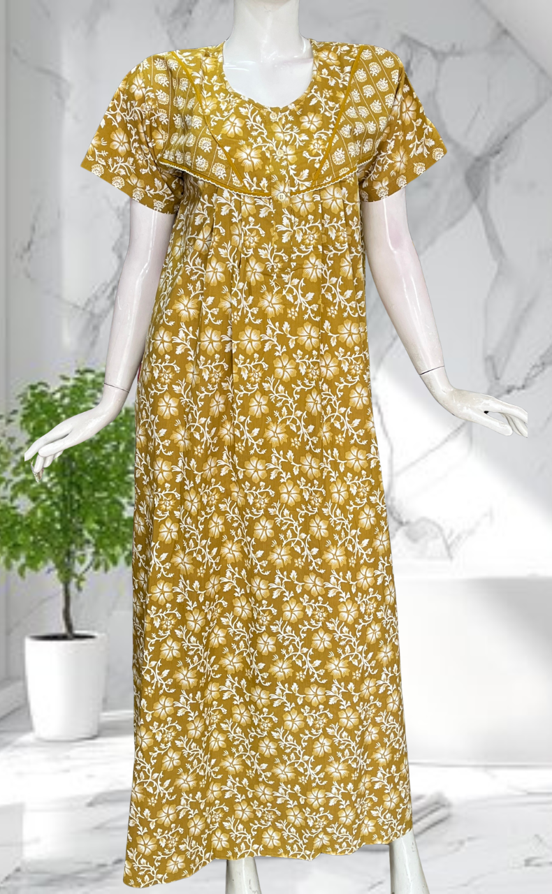 Yellow Floral Pure Cotton Nighty. Pure Durable Cotton | Laces and Frills