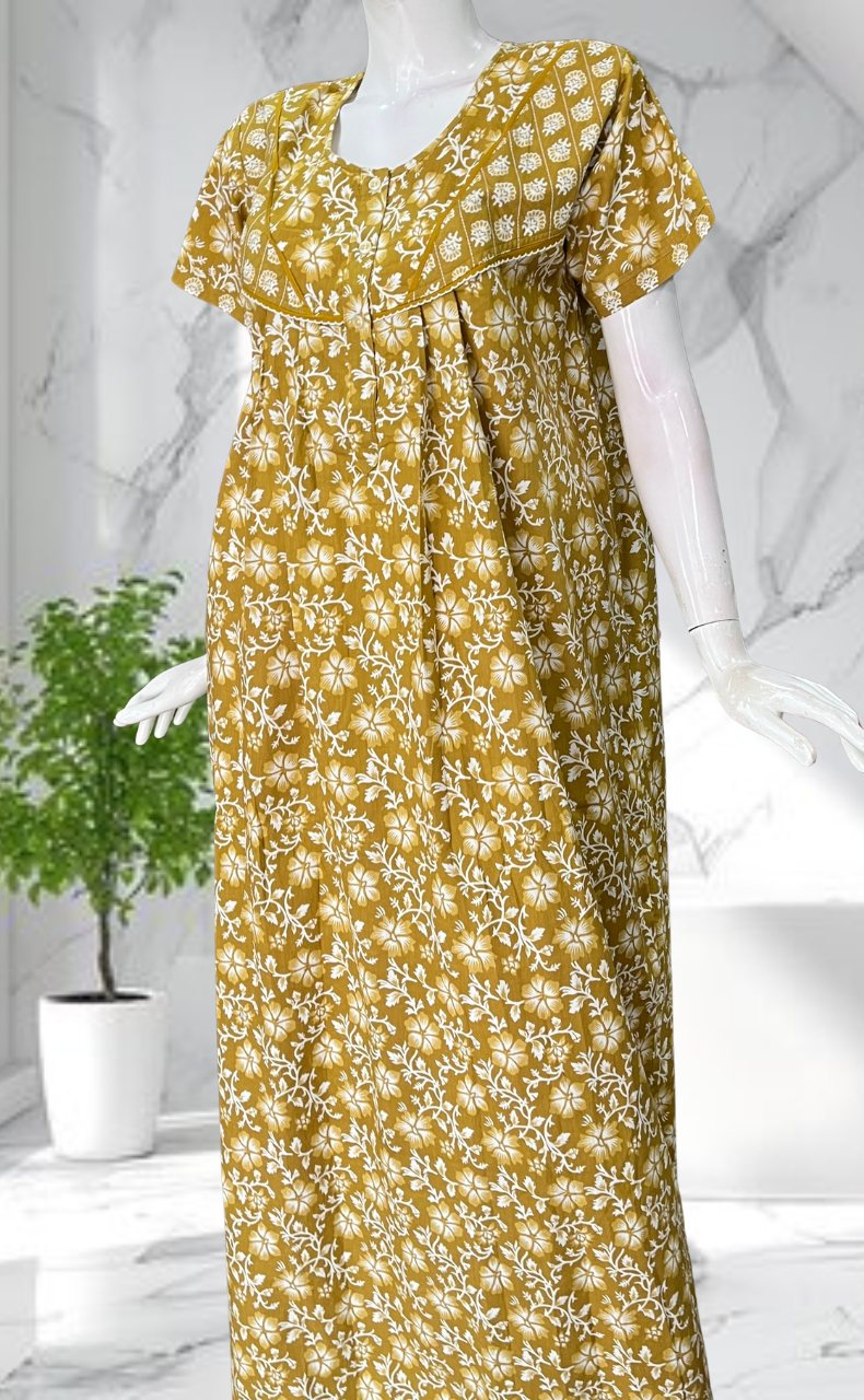 Yellow Floral Pure Cotton Nighty. Pure Durable Cotton | Laces and Frills