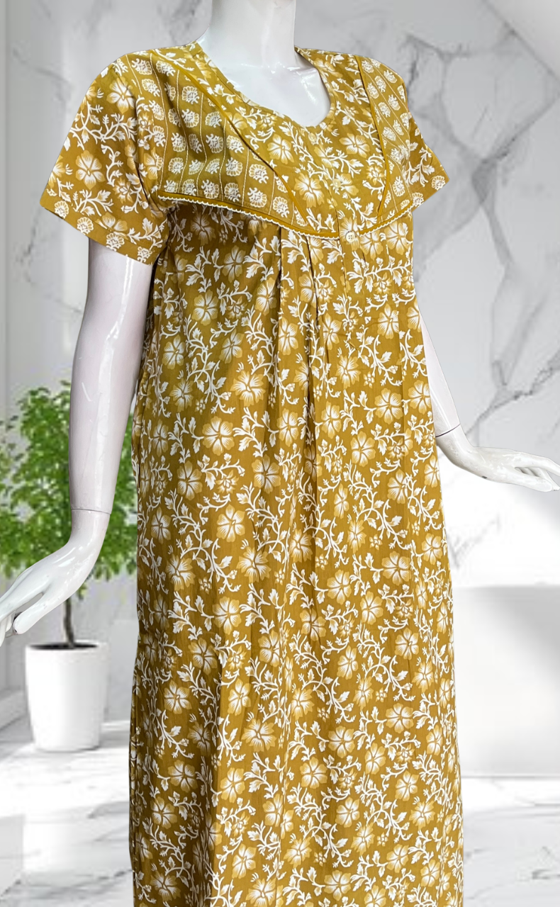 Yellow Floral Pure Cotton Nighty. Pure Durable Cotton | Laces and Frills