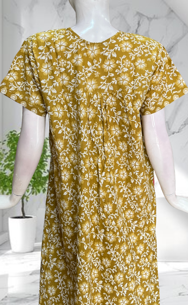 Yellow Floral Pure Cotton Nighty. Pure Durable Cotton | Laces and Frills