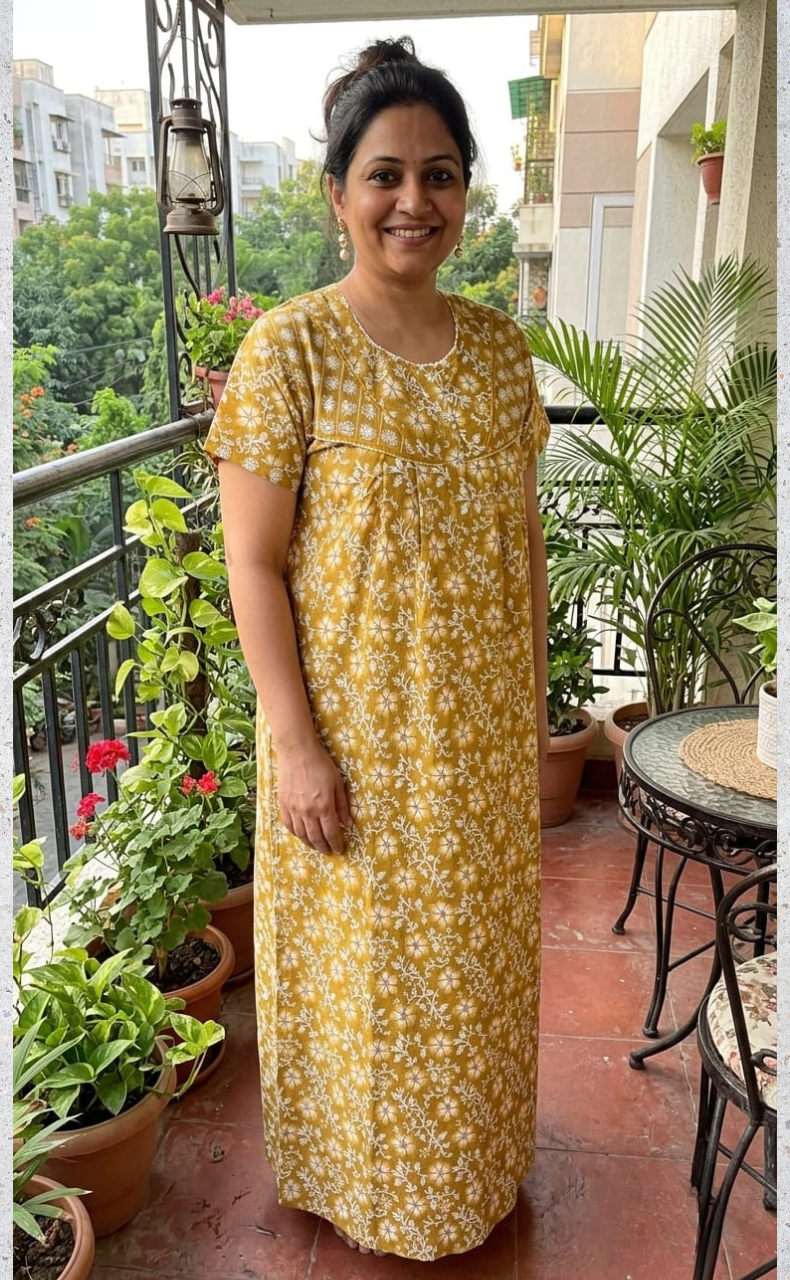 Yellow Floral Pure Cotton Nighty. Pure Durable Cotton | Laces and Frills