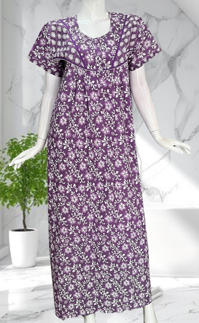 Lavender Floral Pure Cotton Nighty. Pure Durable Cotton | Laces and Frills