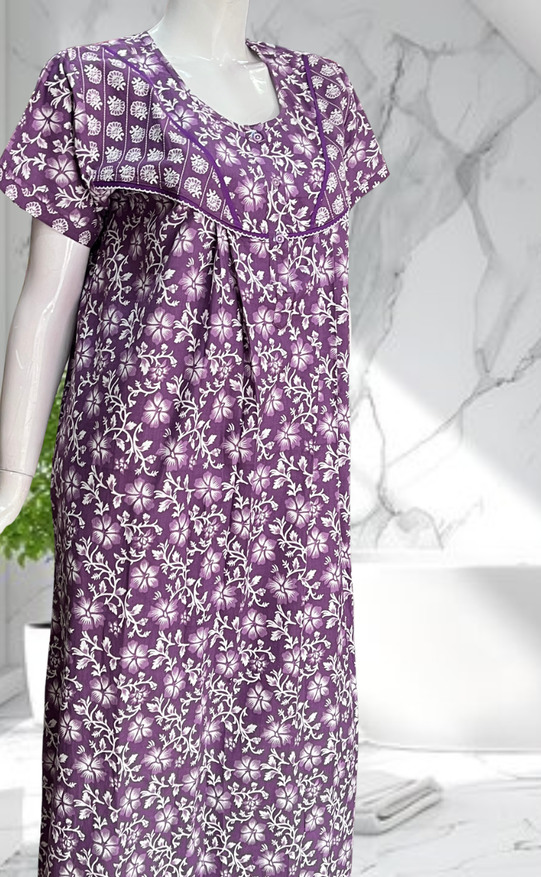 Lavender Floral Pure Cotton Nighty. Pure Durable Cotton | Laces and Frills