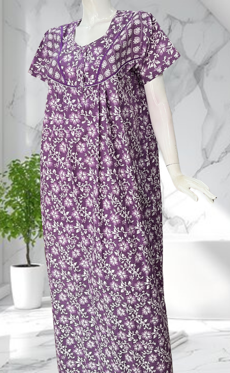 Lavender Floral Pure Cotton Nighty. Pure Durable Cotton | Laces and Frills