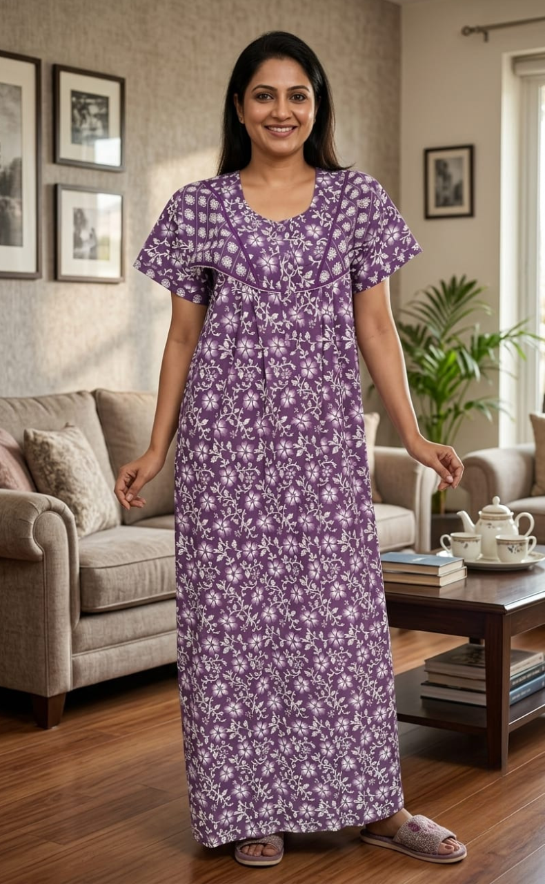 Lavender Floral Pure Cotton Nighty. Pure Durable Cotton | Laces and Frills - Laces and Frills