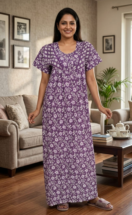 Lavender Floral Pure Cotton Nighty. Pure Durable Cotton | Laces and Frills - Laces and Frills