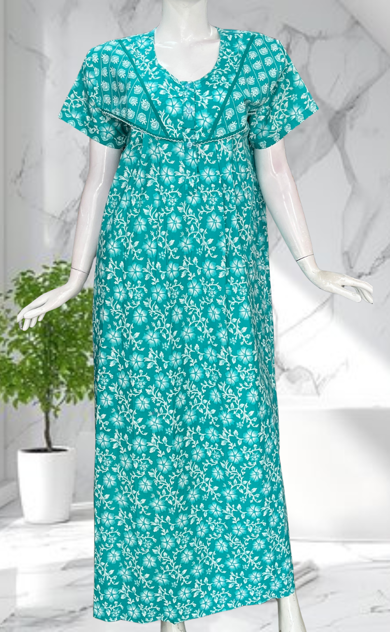 Sea Green Floral Pure Cotton Nighty. Pure Durable Cotton | Laces and Frills