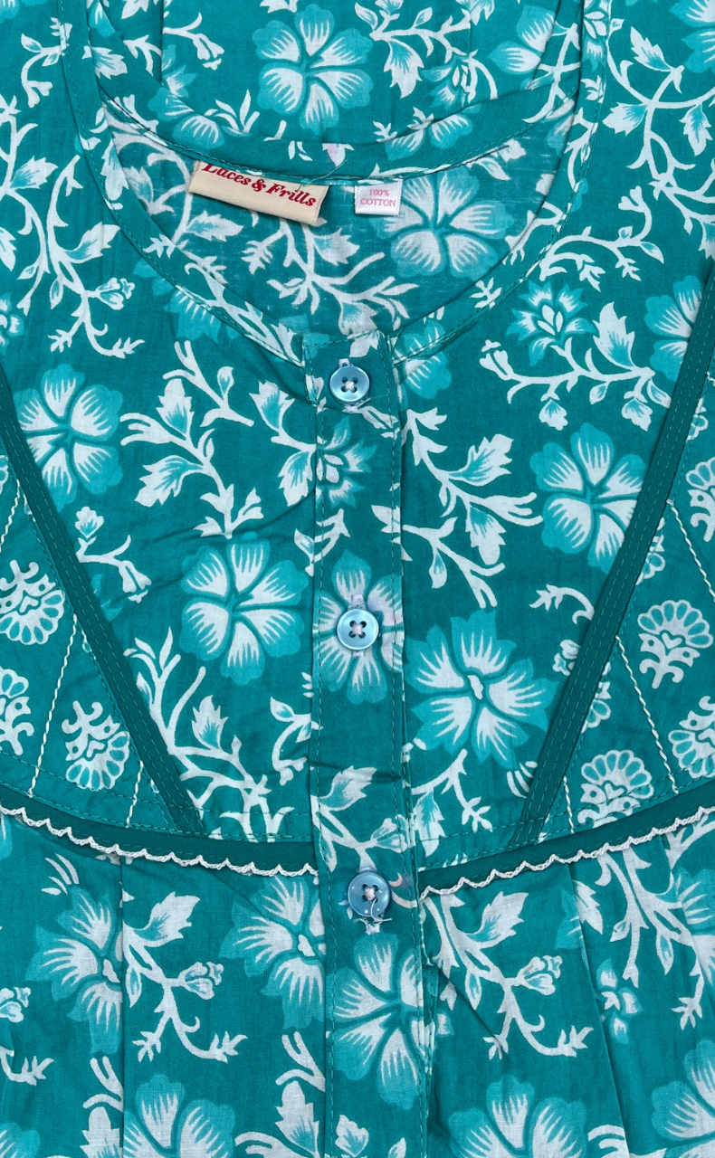Sea Green Floral Pure Cotton Nighty. Pure Durable Cotton | Laces and Frills