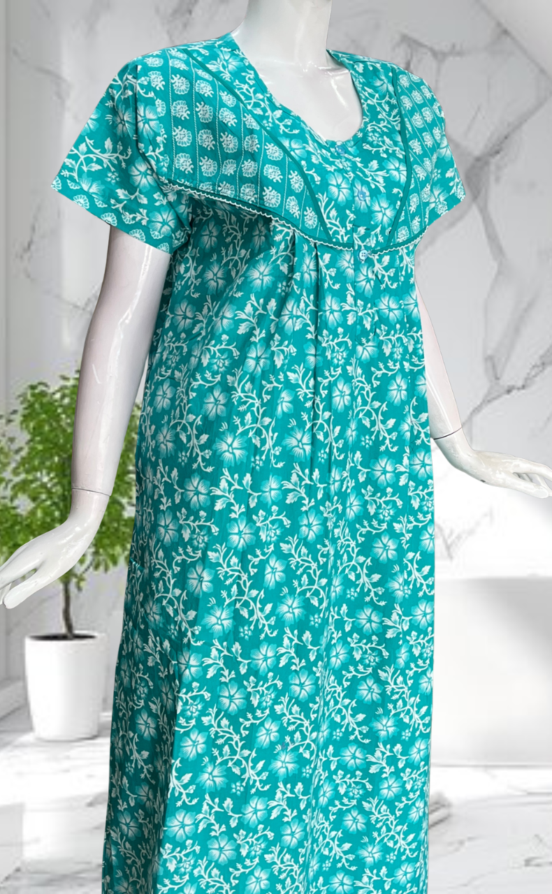 Sea Green Floral Pure Cotton Nighty. Pure Durable Cotton | Laces and Frills