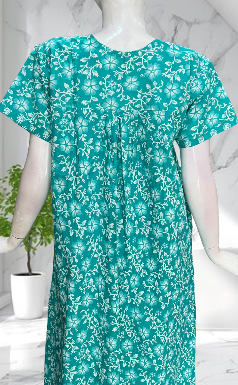 Sea Green Floral Pure Cotton Nighty. Pure Durable Cotton | Laces and Frills