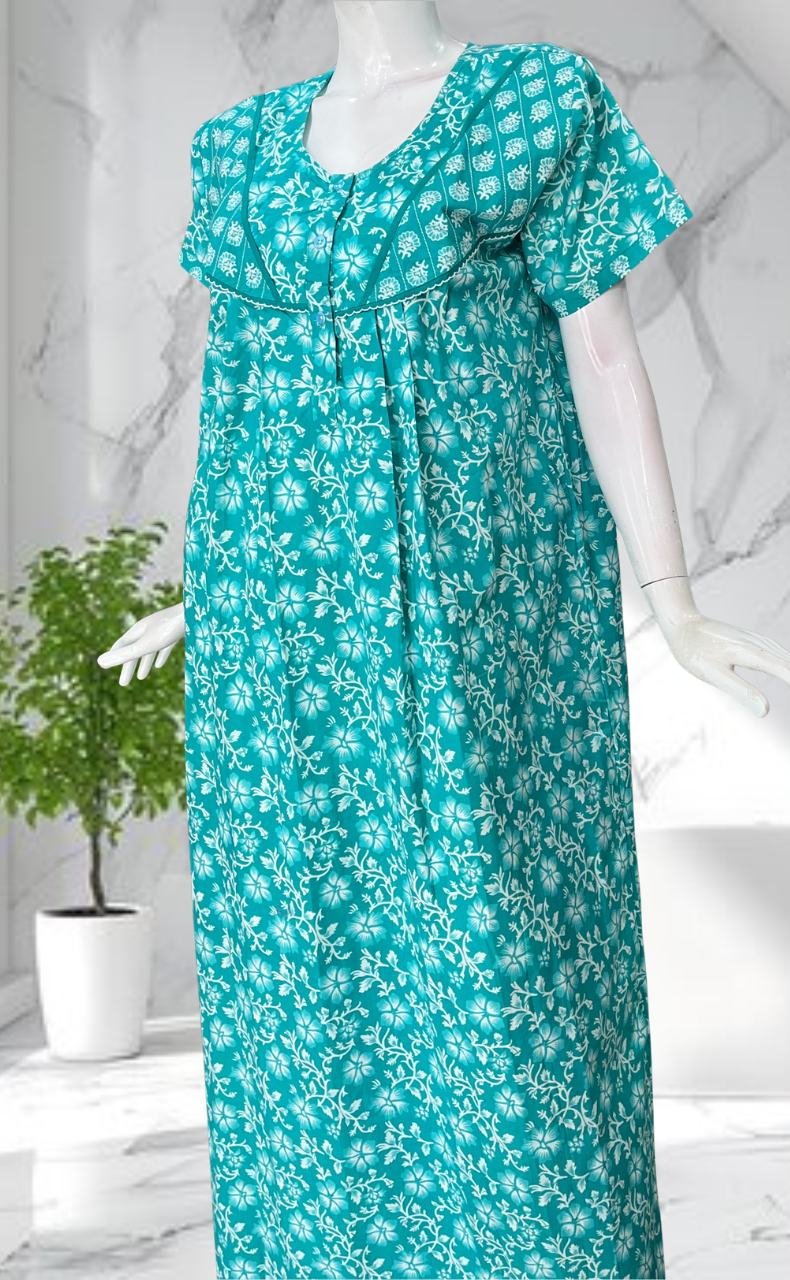 Sea Green Floral Pure Cotton Nighty. Pure Durable Cotton | Laces and Frills