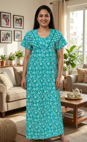 Sea Green Floral Pure Cotton Nighty. Pure Durable Cotton | Laces and Frills - Laces and Frills
