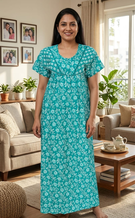 Sea Green Floral Pure Cotton Nighty. Pure Durable Cotton | Laces and Frills - Laces and Frills