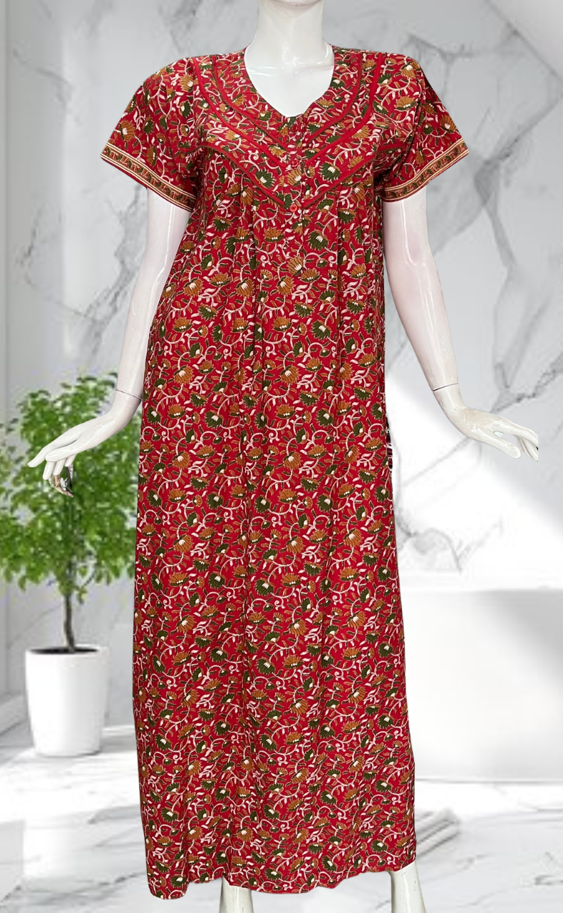 Red Floral Pure Cotton Nighty. Pure Durable Cotton | Laces and Frills