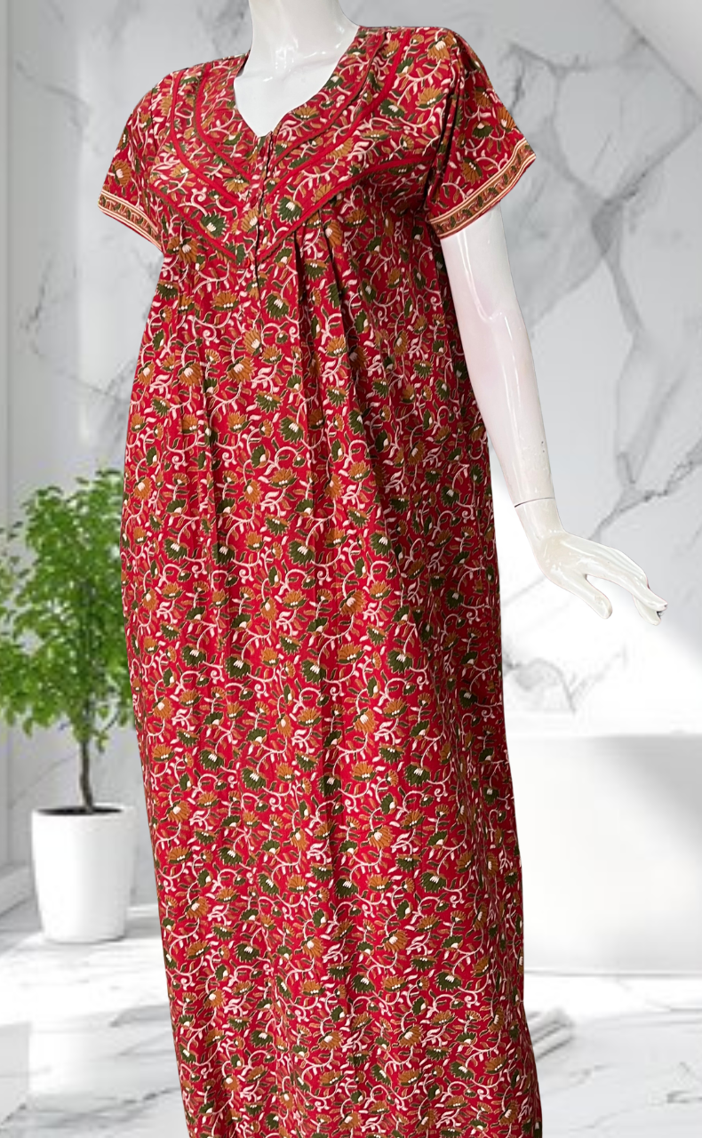 Red Floral Pure Cotton Nighty. Pure Durable Cotton | Laces and Frills