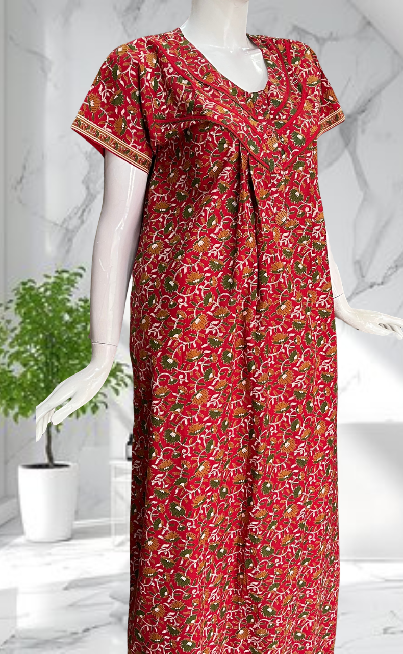 Red Floral Pure Cotton Nighty. Pure Durable Cotton | Laces and Frills