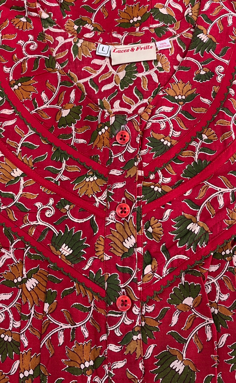 Red Floral Pure Cotton Nighty. Pure Durable Cotton | Laces and Frills