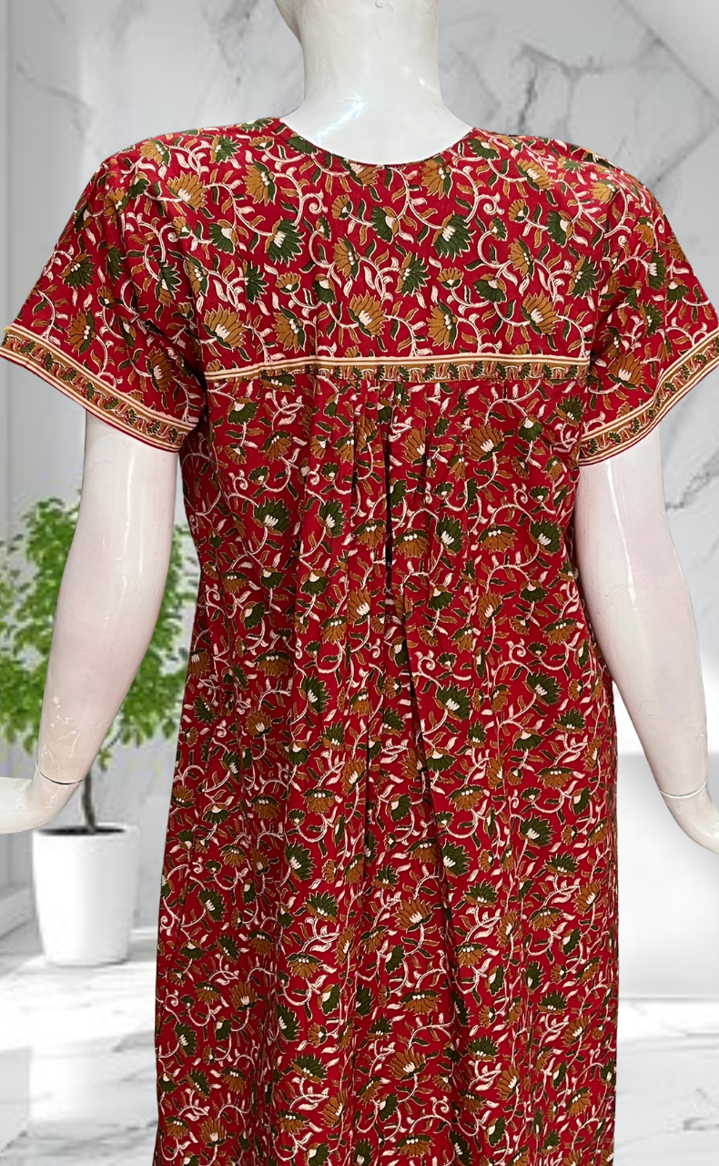 Red Floral Pure Cotton Nighty. Pure Durable Cotton | Laces and Frills