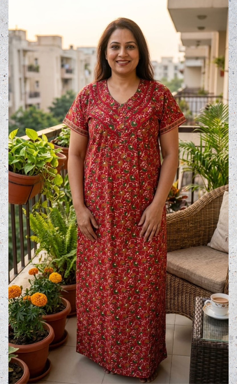 Red Floral Pure Cotton Nighty. Pure Durable Cotton | Laces and Frills