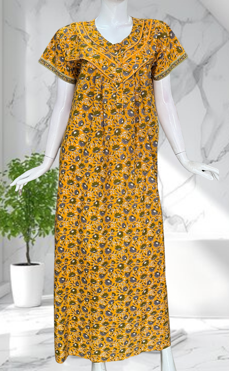 Yellow Floral Pure Cotton Nighty. Pure Durable Cotton | Laces and Frills