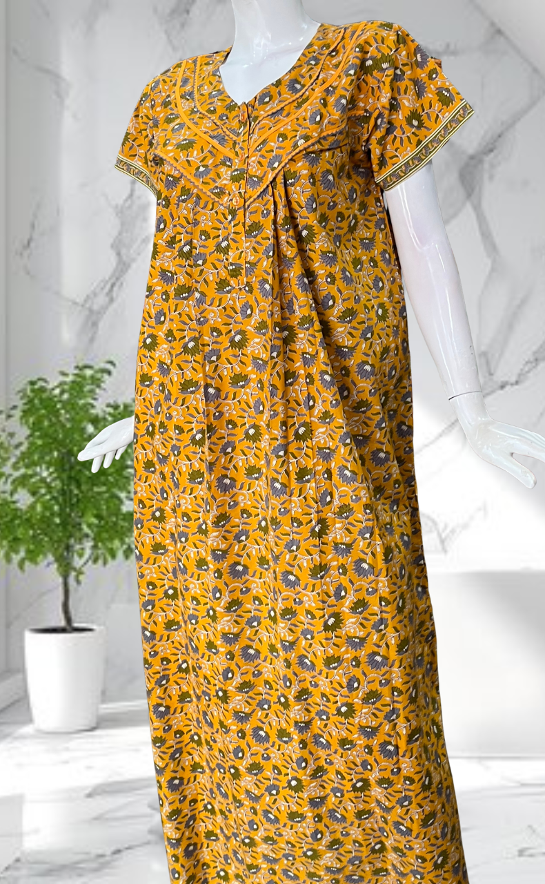 Yellow Floral Pure Cotton Nighty. Pure Durable Cotton | Laces and Frills