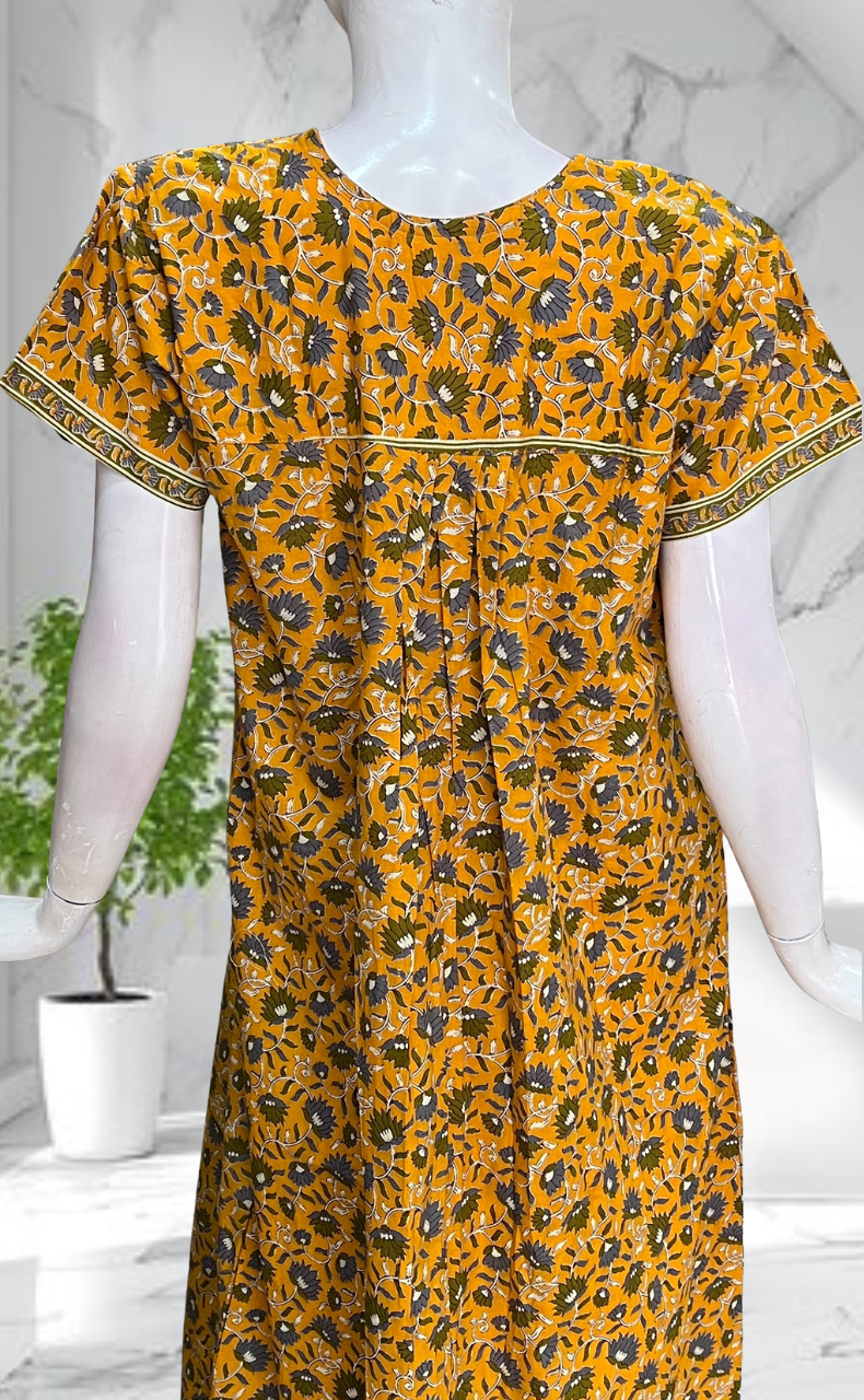 Yellow Floral Pure Cotton Nighty. Pure Durable Cotton | Laces and Frills